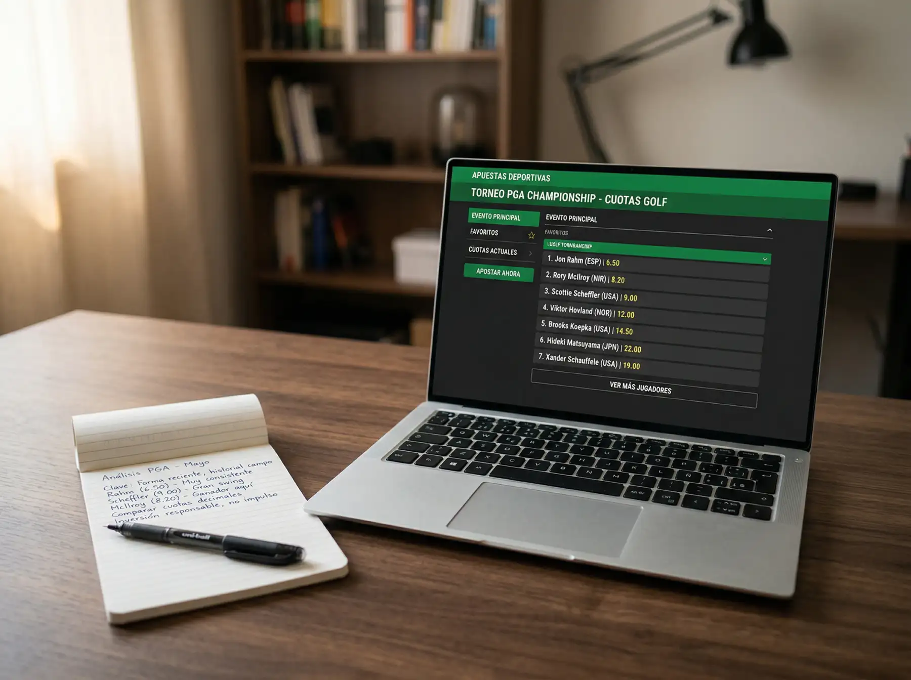 Pantalla de operador de apuestas deportivas mostrando mercados de golf con cuotas en formato decimal